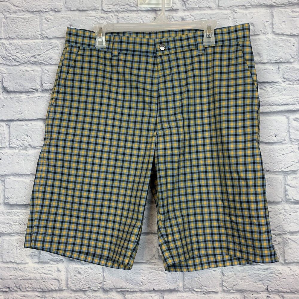 Callaway Golf Men Multicolor Check Yellow Blue Stretch Chino Shorts Size‎ 34